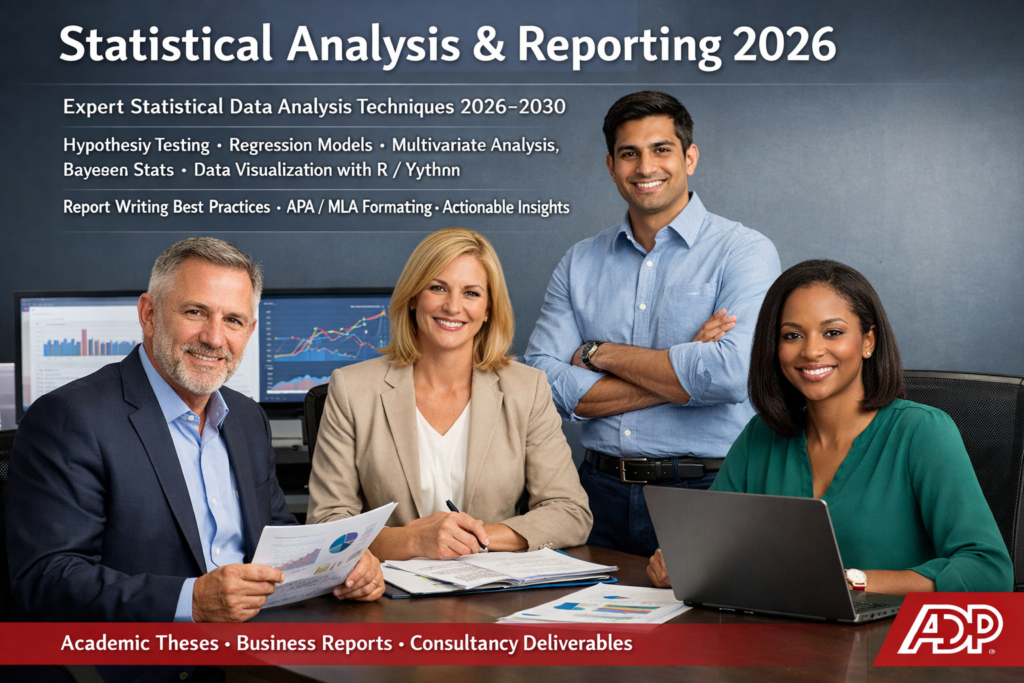 Expert statistical data analysis techniques for 2026-2030, including hypothesis testing, regression models, multivariate analysis, Bayesian stats, and data visualization with R/Python. Professional report writing best practices, executive summaries, and APA/MLA formatting for actionable insights in academic theses, business reports, and consultancy deliverables.