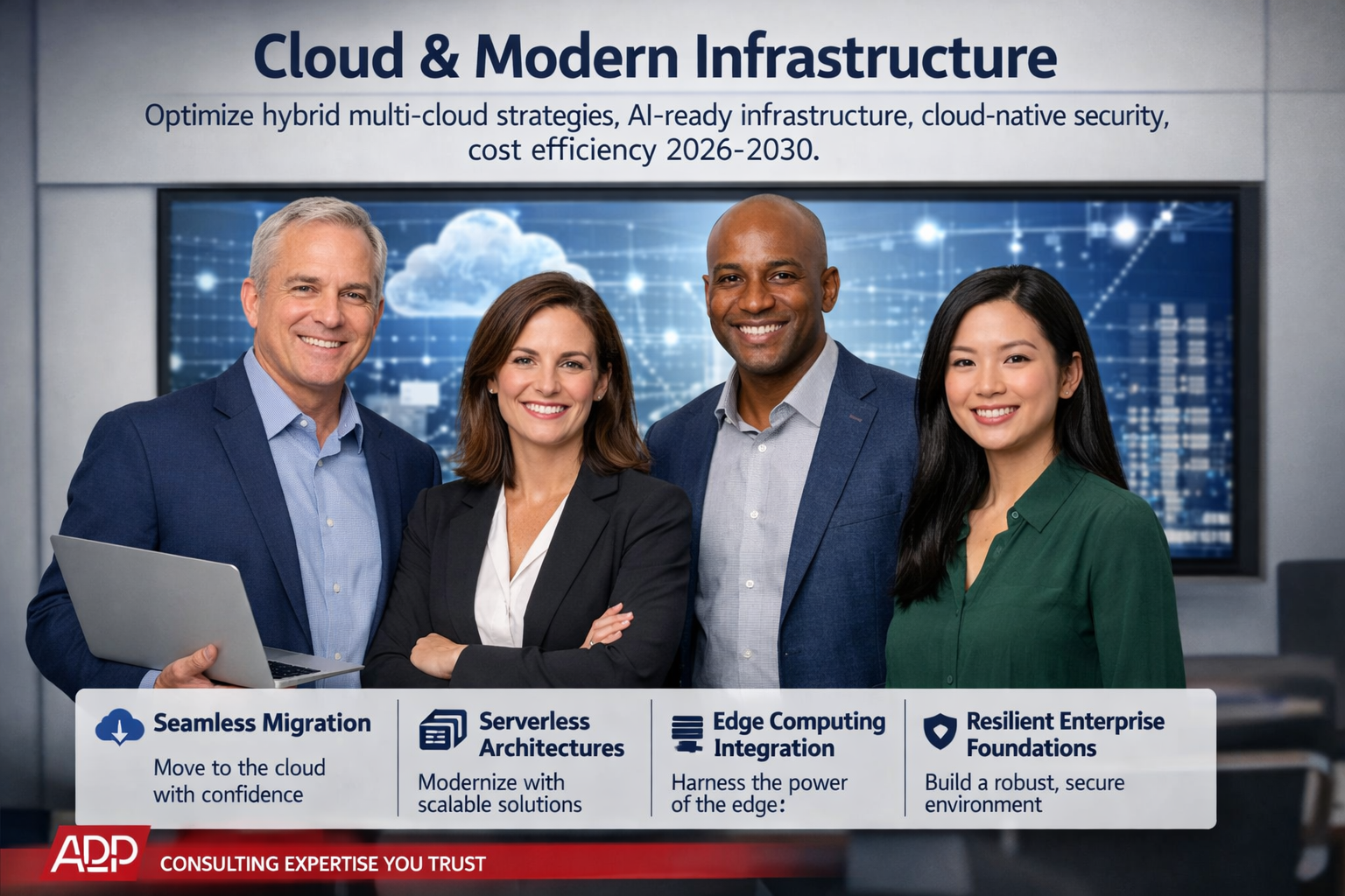 Optimize hybrid multi-cloud strategies, AI-ready infrastructure, cloud-native security, and cost efficiency for 2026. Advisory on seamless migration, serverless architectures, edge computing integration, and resilient enterprise foundations.