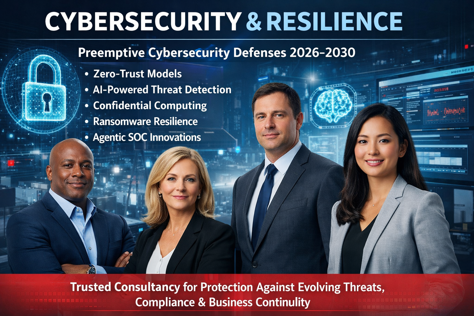 Preemptive cybersecurity defenses 2026-2030, including zero-trust models, AI-powered threat detection, confidential computing, ransomware resilience, and agentic SOC innovations. Trusted consultancy for protection against evolving threats, compliance, trust, and uninterrupted business continuity.