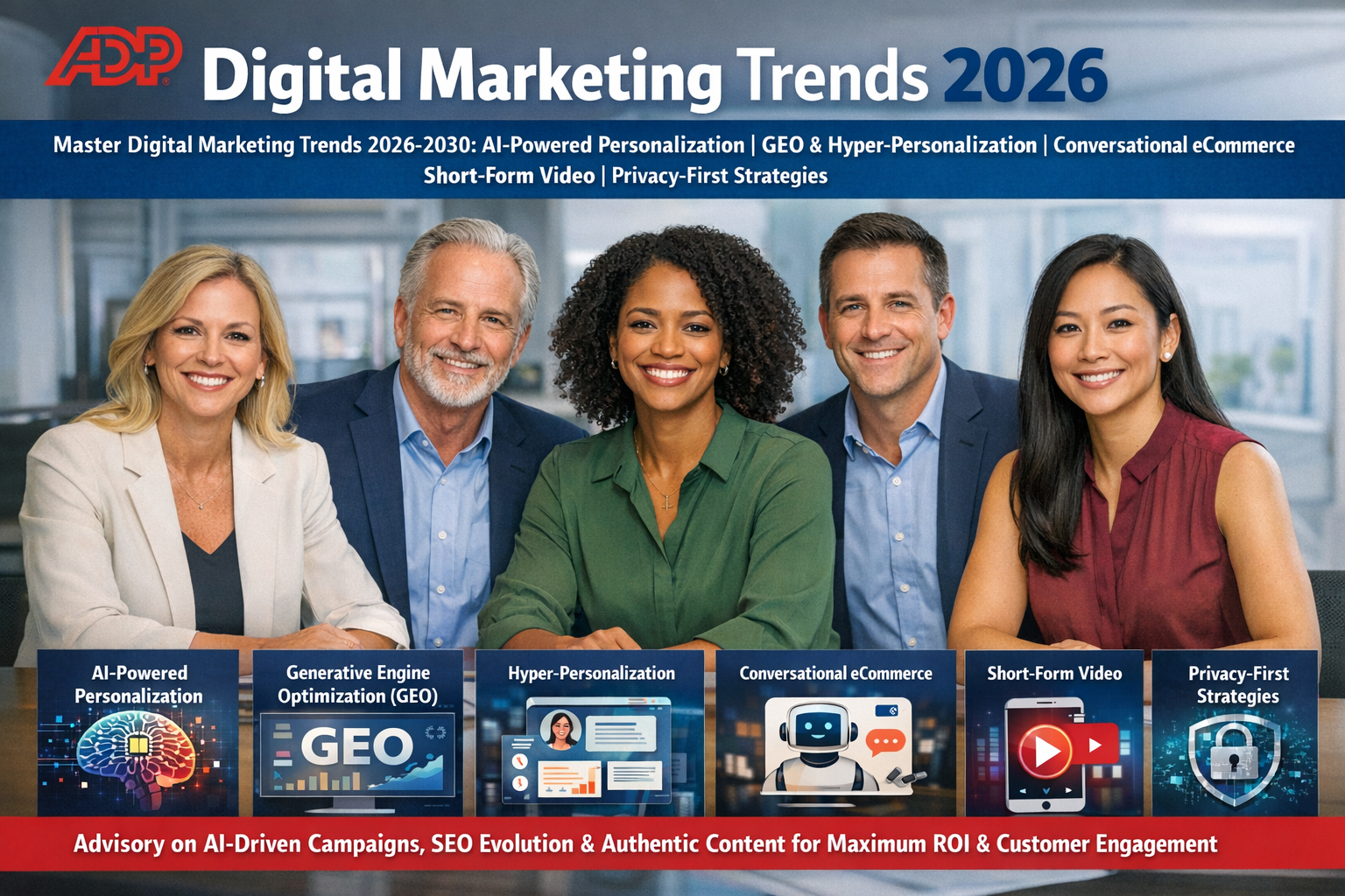 Master digital marketing trends 2026-2030 with AI-powered personalization, generative engine optimization (GEO), hyper-personalization, conversational eCommerce, short-form video, and privacy-first strategies. Advisory on AI-driven campaigns, SEO evolution, and authentic content for maximum ROI and customer engagement.