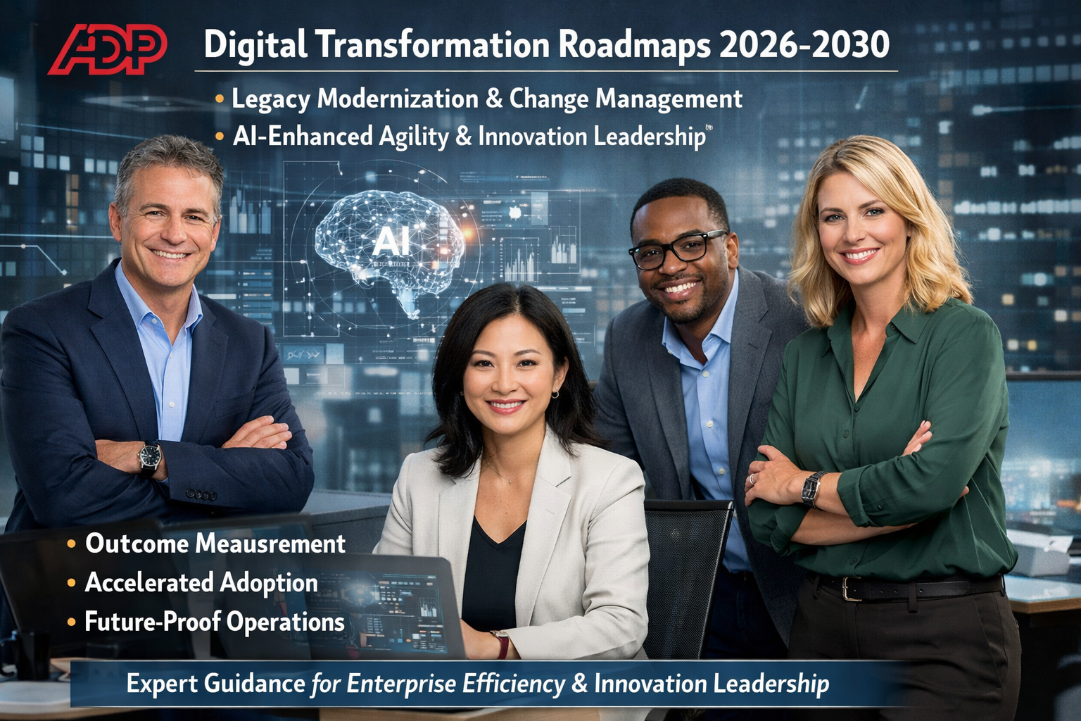 Proven digital transformation roadmaps 2026-2030, focusing on legacy modernization, change management, and AI-enhanced agility. Consultancy expertise on outcome measurement, accelerated adoption, and future-proof operations for enterprise efficiency and innovation leadership.