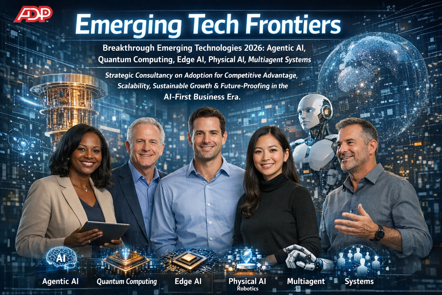 Breakthrough emerging technologies 2026-2030, including agentic AI, quantum computing, edge AI, physical AI, and multiagent systems. Strategic consultancy on adoption for competitive advantage, scalability, sustainable growth, and future-proofing in the AI-first business era