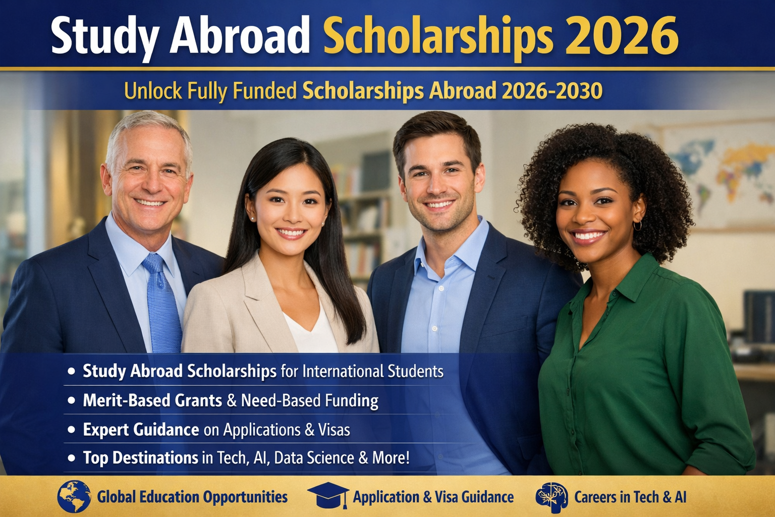 Unlock fully funded scholarships abroad 2026-2030, including study abroad scholarships for international students, merit-based grants, need-based funding for global education. Expert guides on applications, top destinations, eligibility, visa processes, and career-boosting opportunities in tech, AI, data science, and beyond.