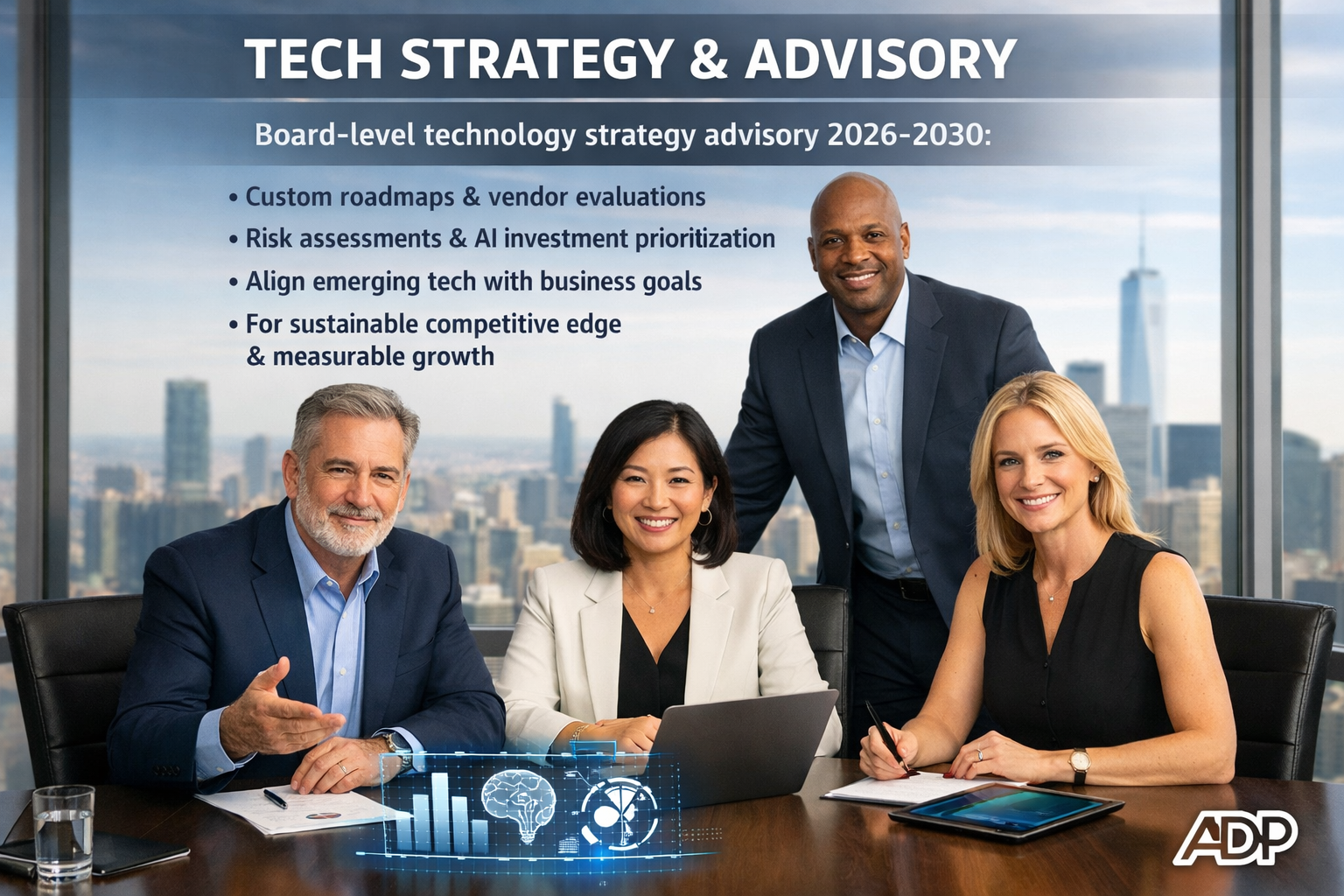 Board-level technology strategy advisory for 2026-2030, including custom roadmaps, vendor evaluations, risk assessments, and AI investment prioritization. Align emerging tech with business goals for sustainable competitive edge and measurable growth.