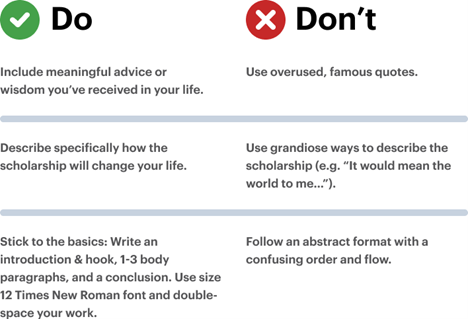 Scholarship essay writing tips chart with do's and don'ts for crafting a winning application